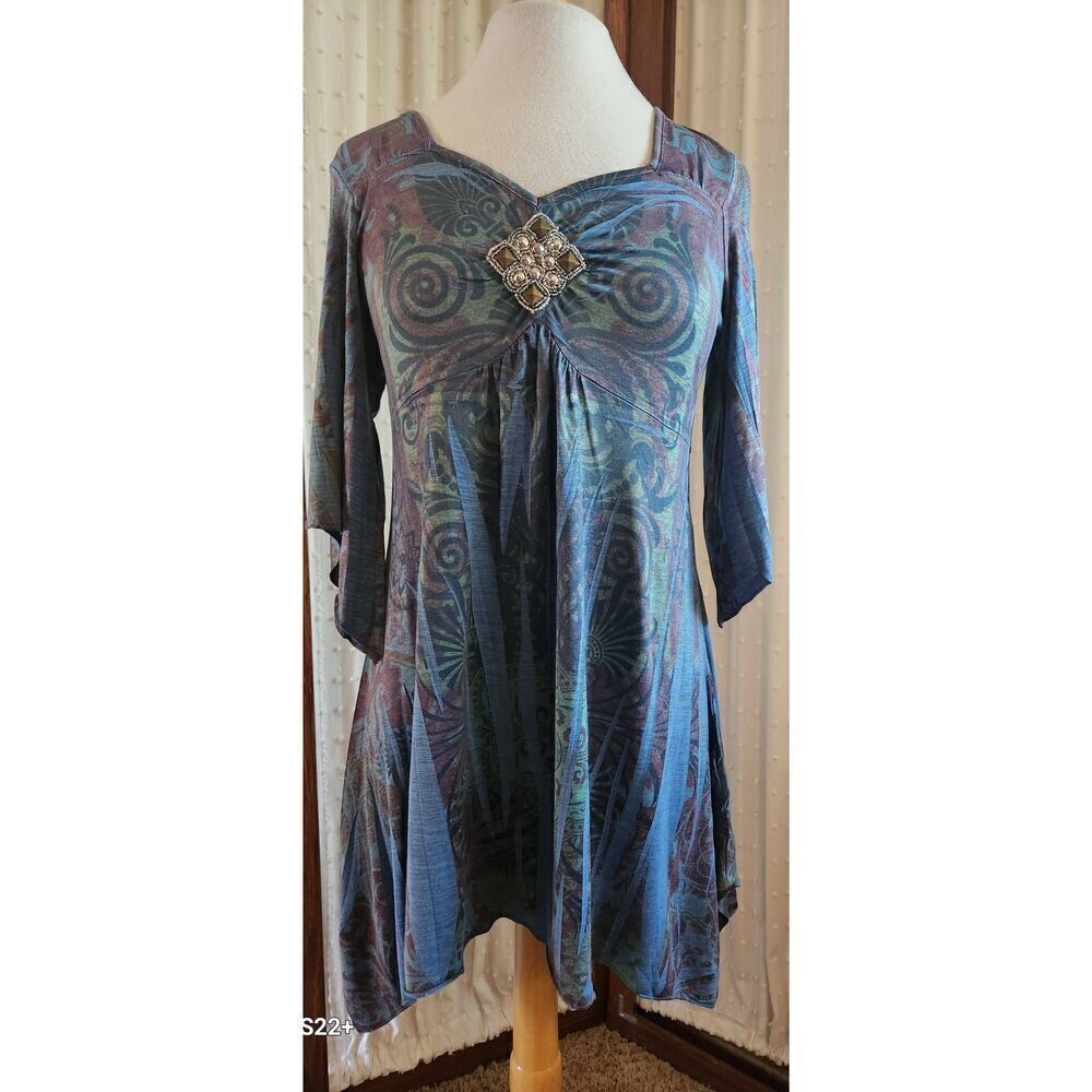 One World 'Live and Let Live' Mini Dress w Sharktooth Hem & Decorative Brooch